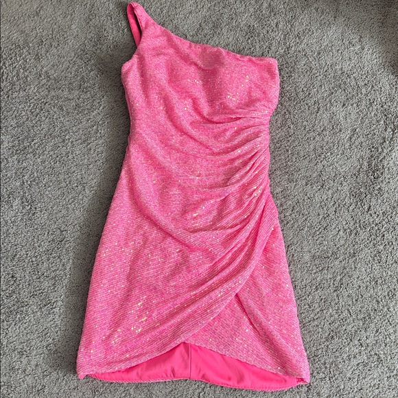 La Femme 3 neon pink one-shoulder sequin short cocktail dress homecoming hoco - Picture 2 of 8